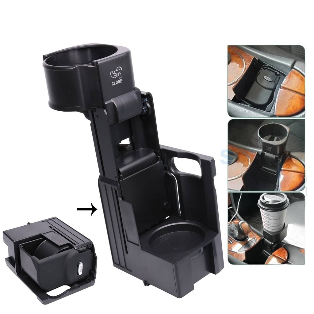 Front retractable cup holder, black plastic assembly with open cup well and latch