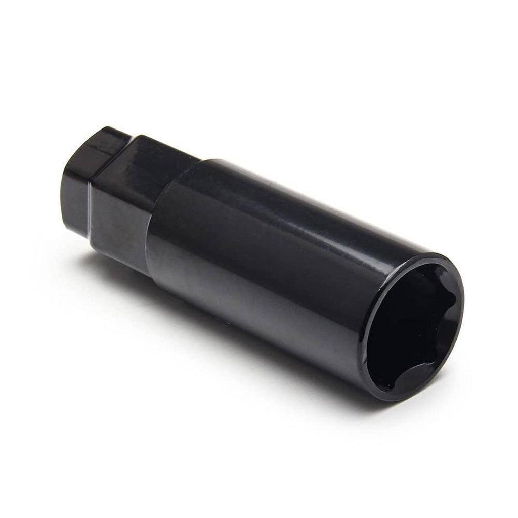 Single extended wheel lug nut with open end and internal threads, dark chrome finish