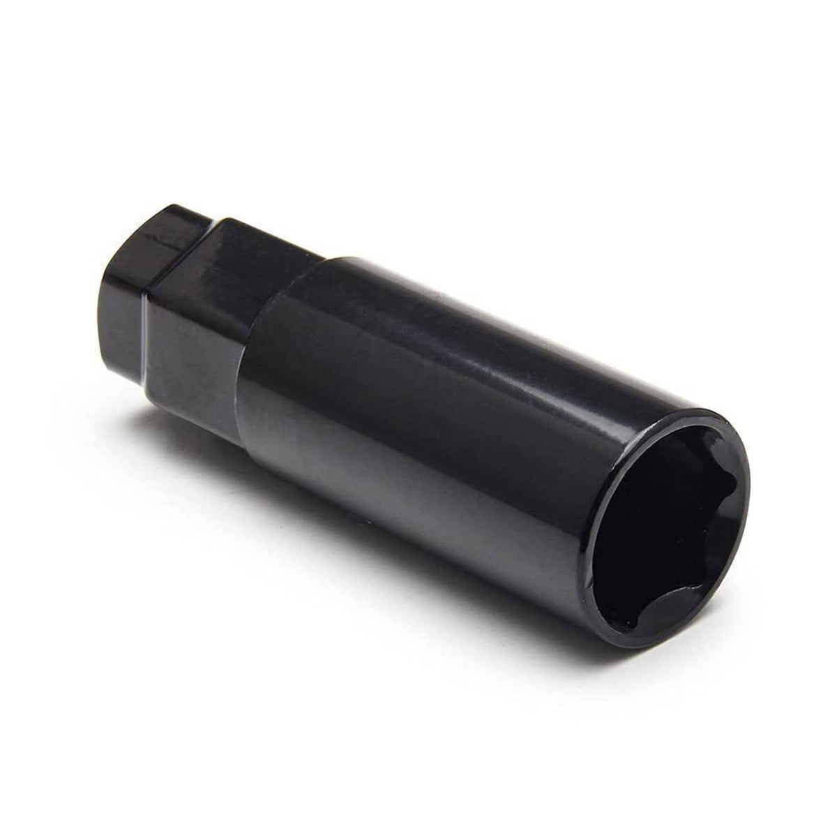 Single extended wheel lug nut with open end and internal threads, dark chrome finish