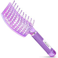Curved vent detangling hair brush with purple bristles and textured handle