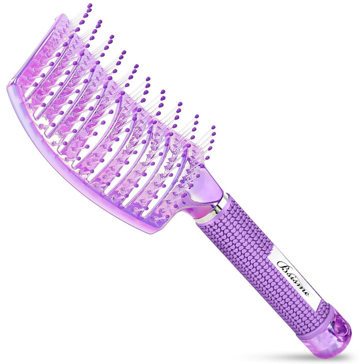 Curved vent detangling hair brush with purple bristles and textured handle