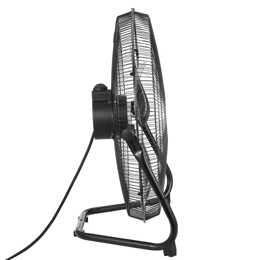 Black metal floor fan with tall circular grille and tilt-adjustable base, power cord