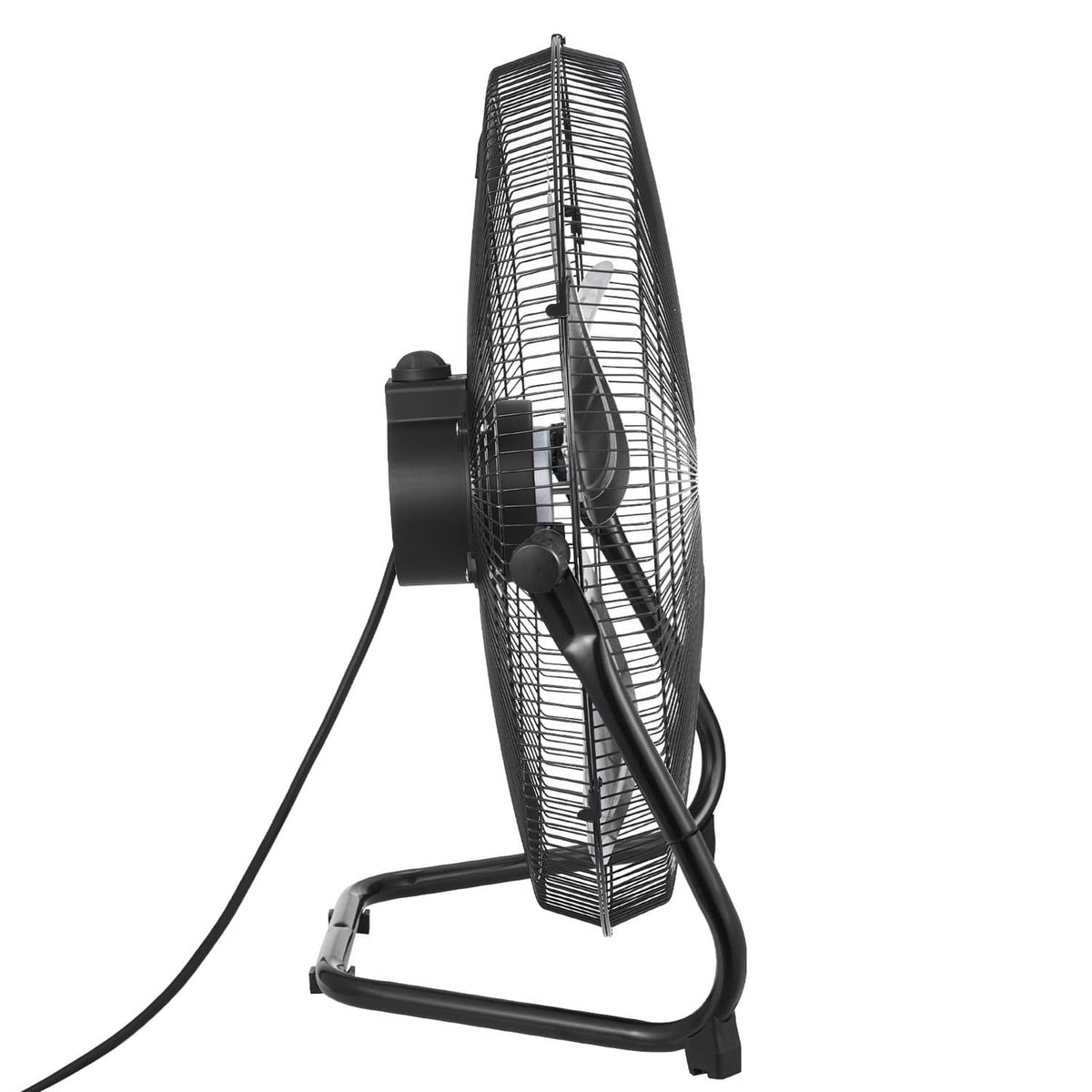Black metal floor fan with tall circular grille and tilt-adjustable base, power cord