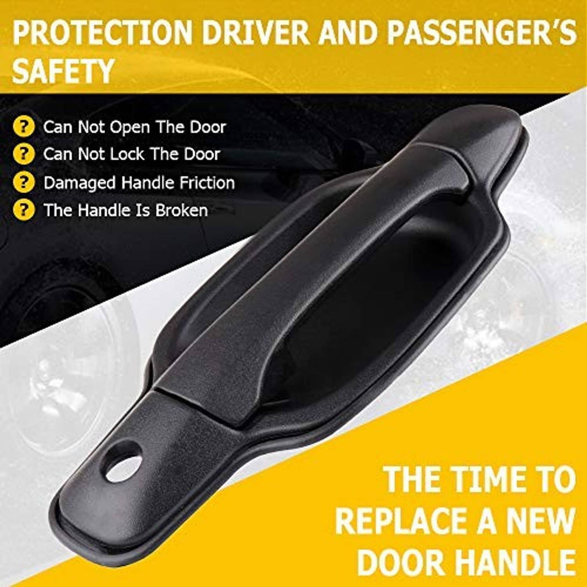 Dark exterior door handle with long grip and circular mounting hole on the end