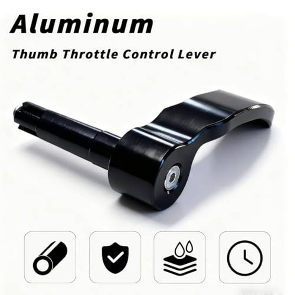 Black aluminum thumb throttle control lever with textured grip and mounting hole