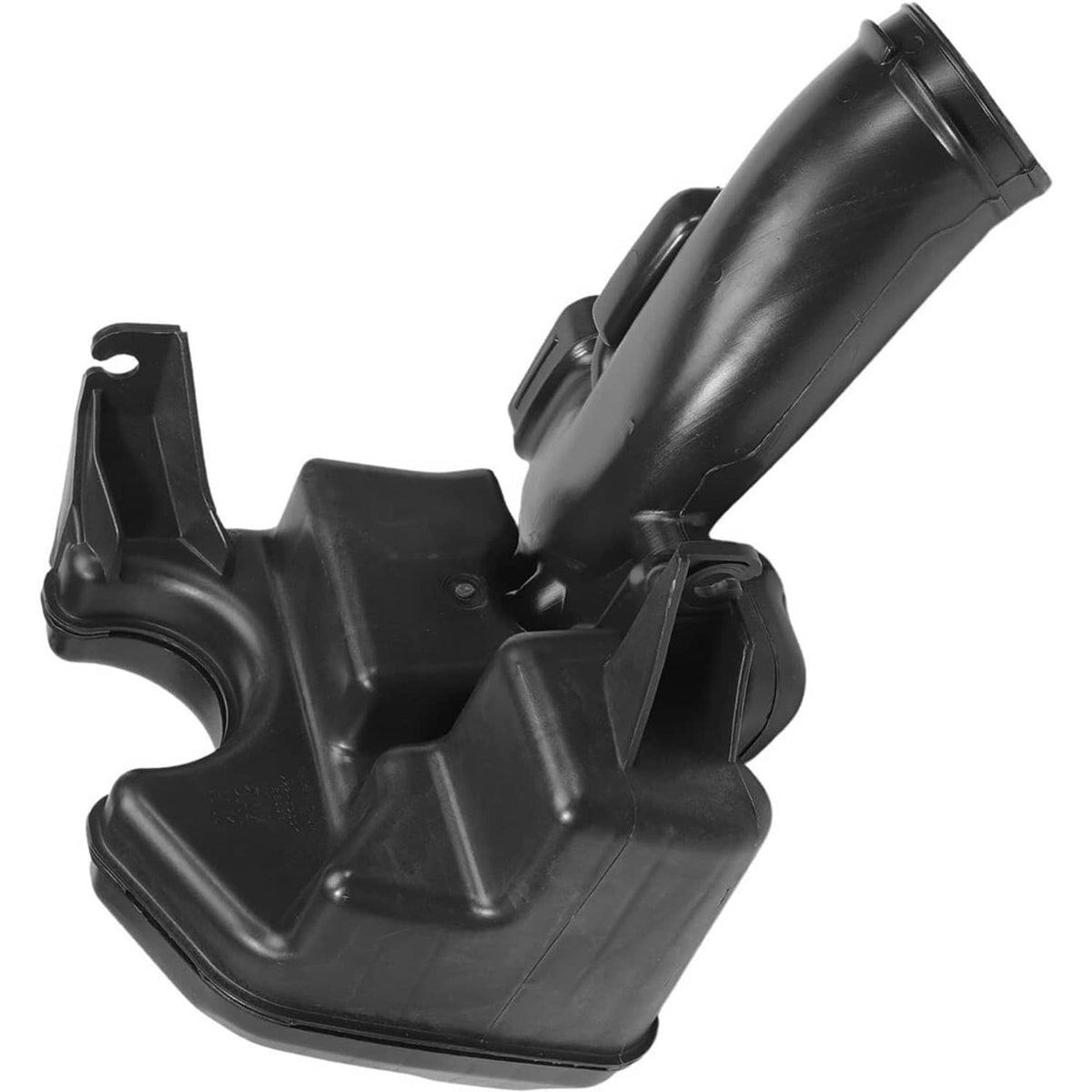 Black plastic air intake lower resonator with angled intake outlet and bracket