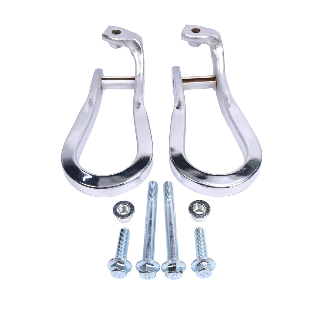 Pair of chrome tow hooks with mounting brackets, bolts, and nuts—polished metal