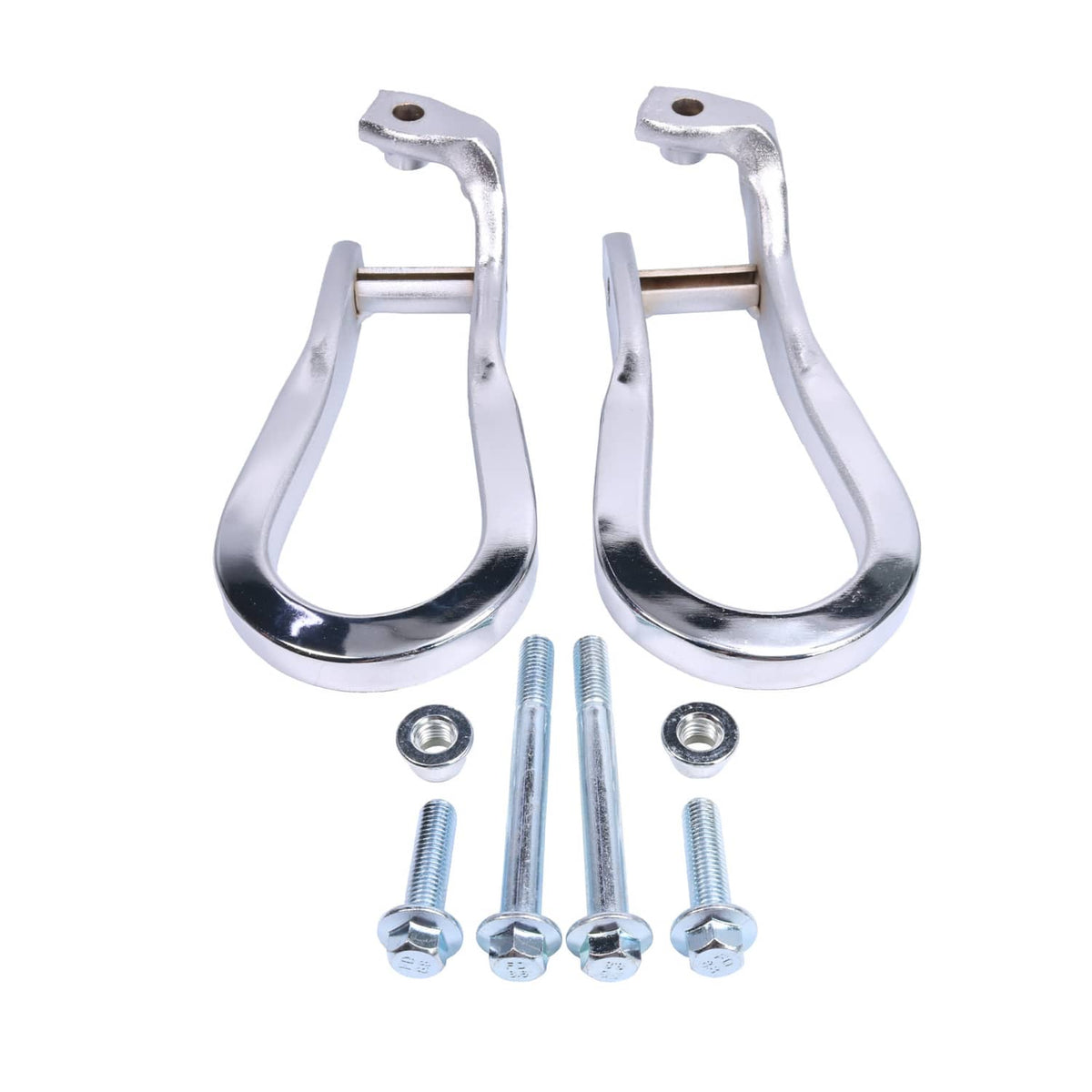 Pair of chrome tow hooks with mounting brackets, bolts, and nuts—polished metal