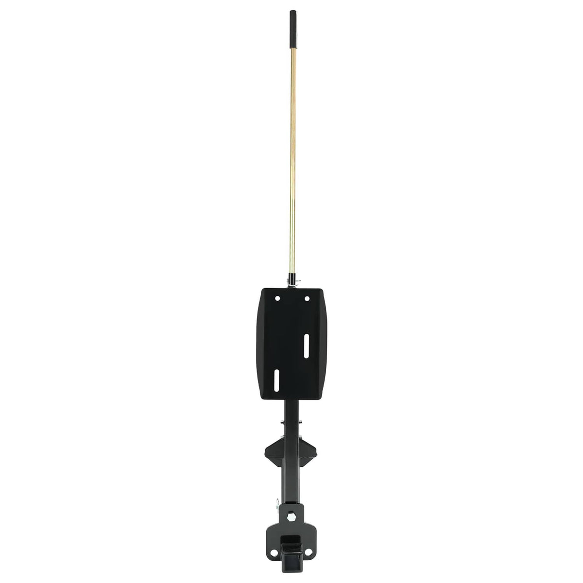 Black spare tire carrier plate on vertical post with lower latch-style mount