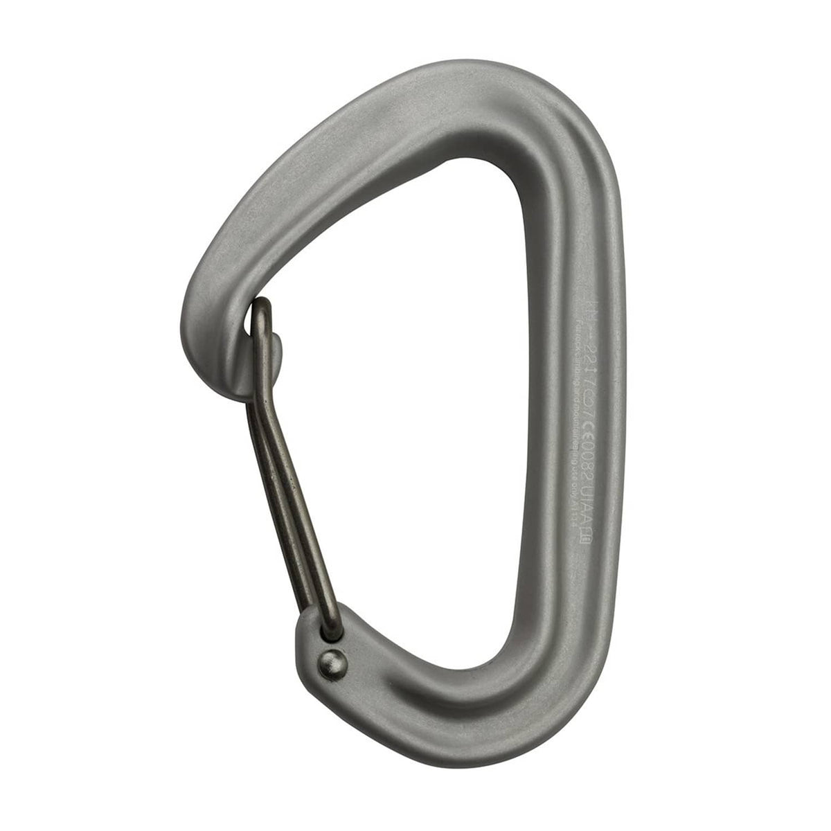 Lightweight silver metal carabiner with oval D-shape and latch
