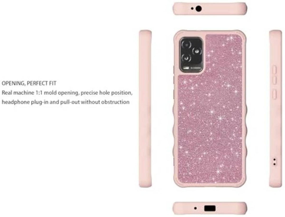 Pink glitter phone case with precise openings, ring kickstand, and side ports