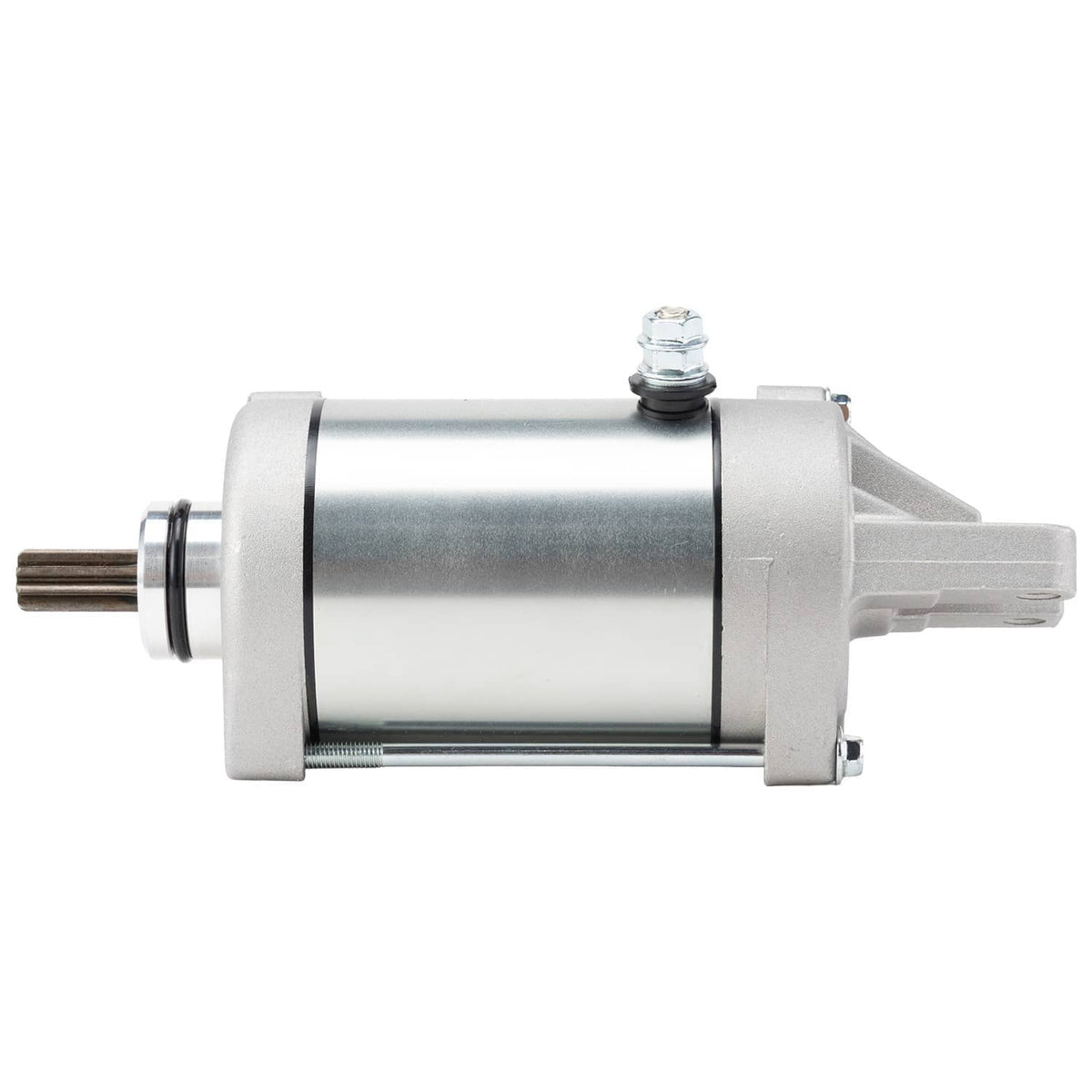 Engine starter motor with metal cylindrical body and pinion shaft