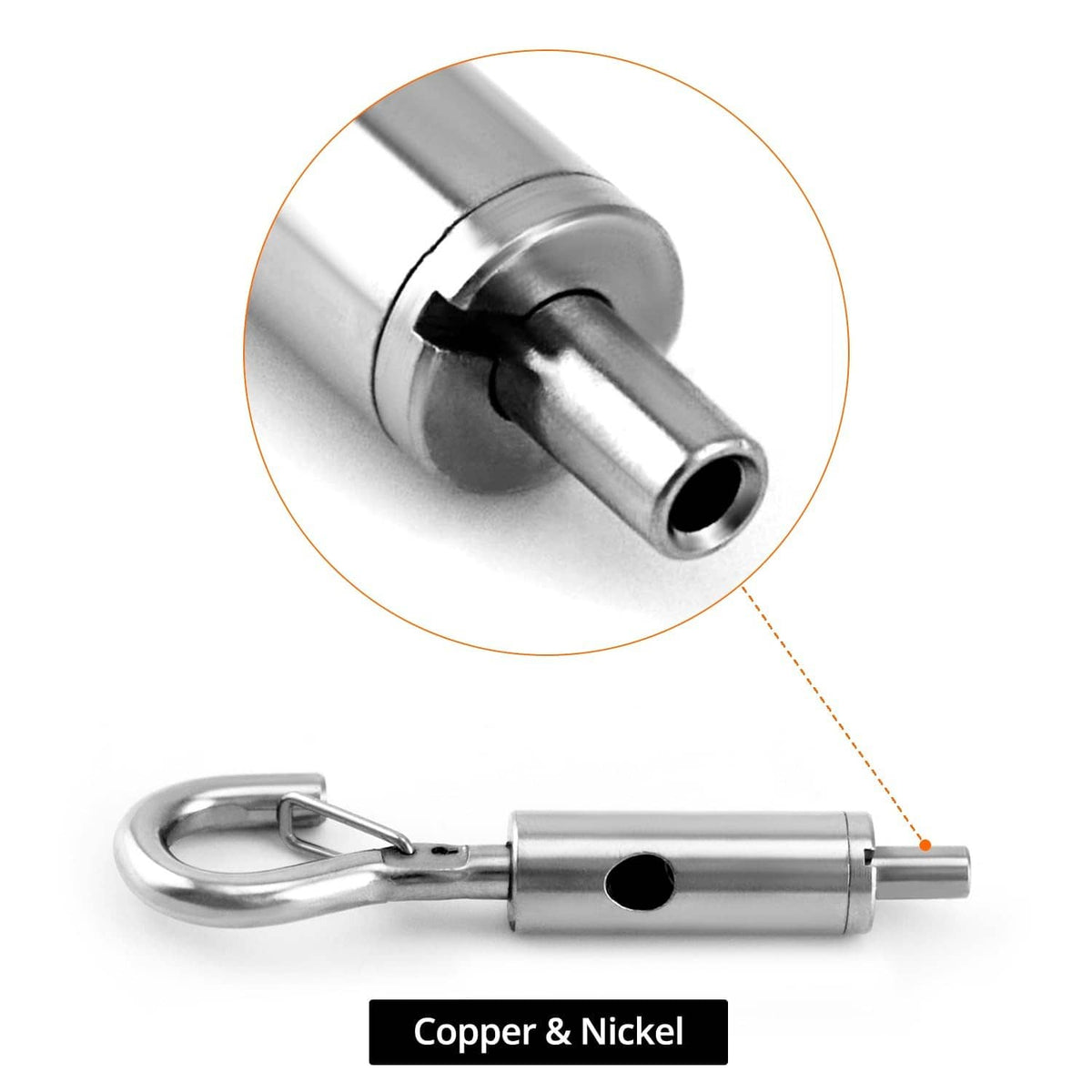Steel hook-and-eye hanger with copper and nickel-style coated end and rod detail.