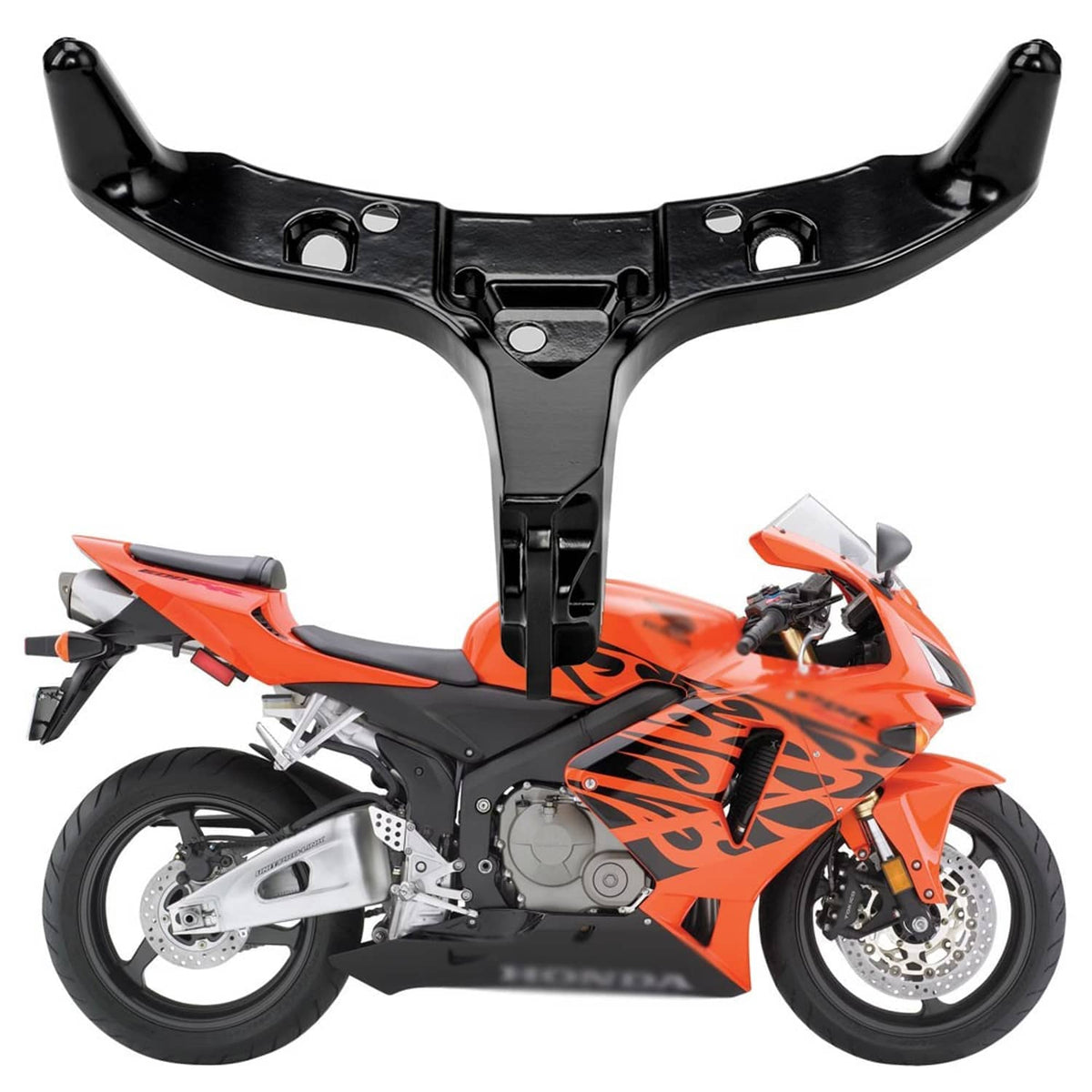 Black motorcycle front cowl stay bracket with mounting slots and center fastener
