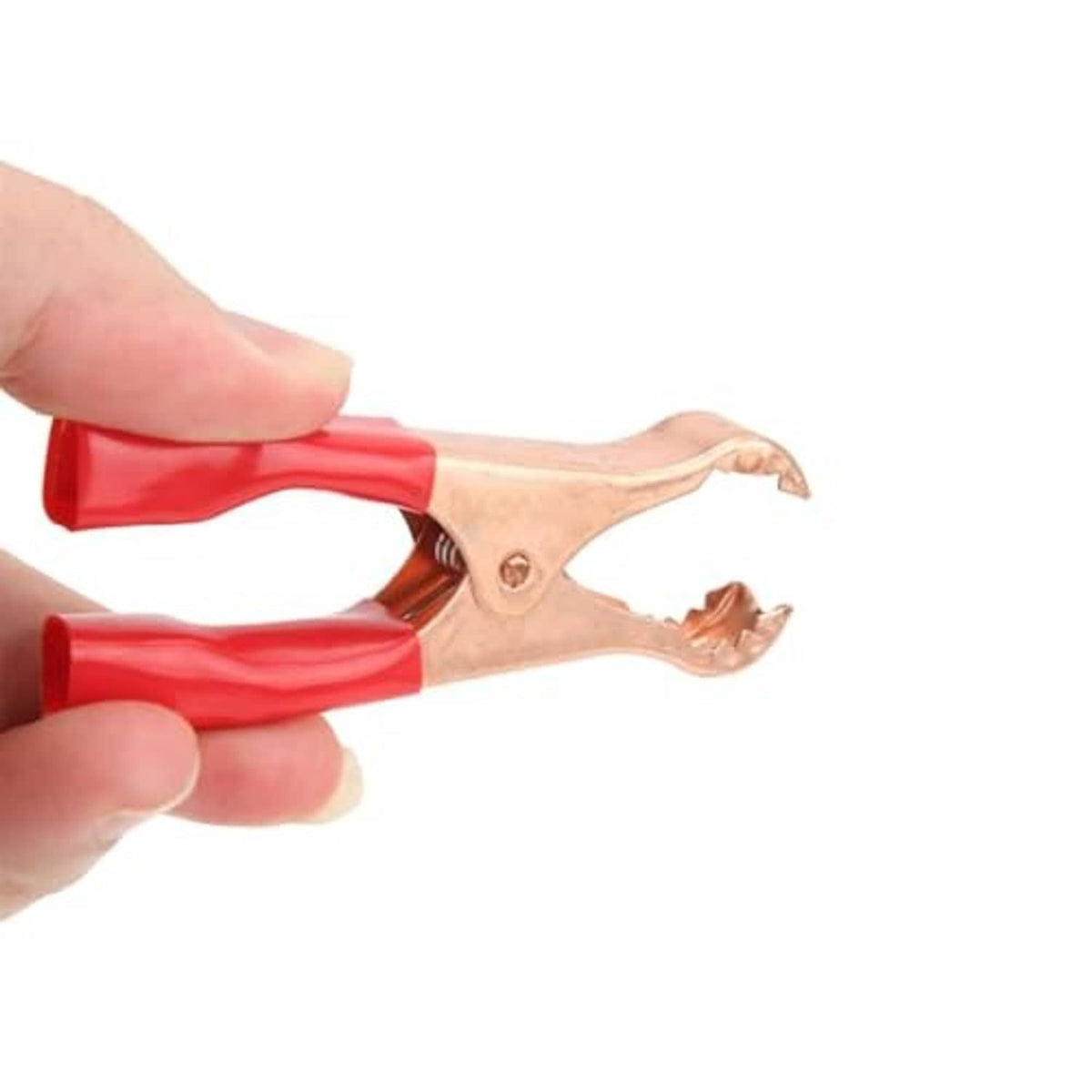 Insulated alligator clip close-up, copper jaws gripping; red insulated handle