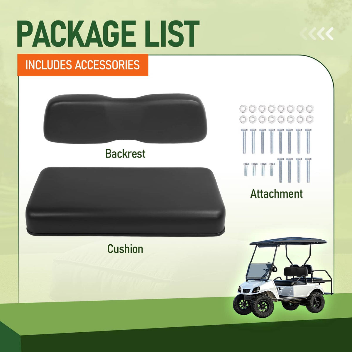 Black seat backrest and cushion with attachment hardware