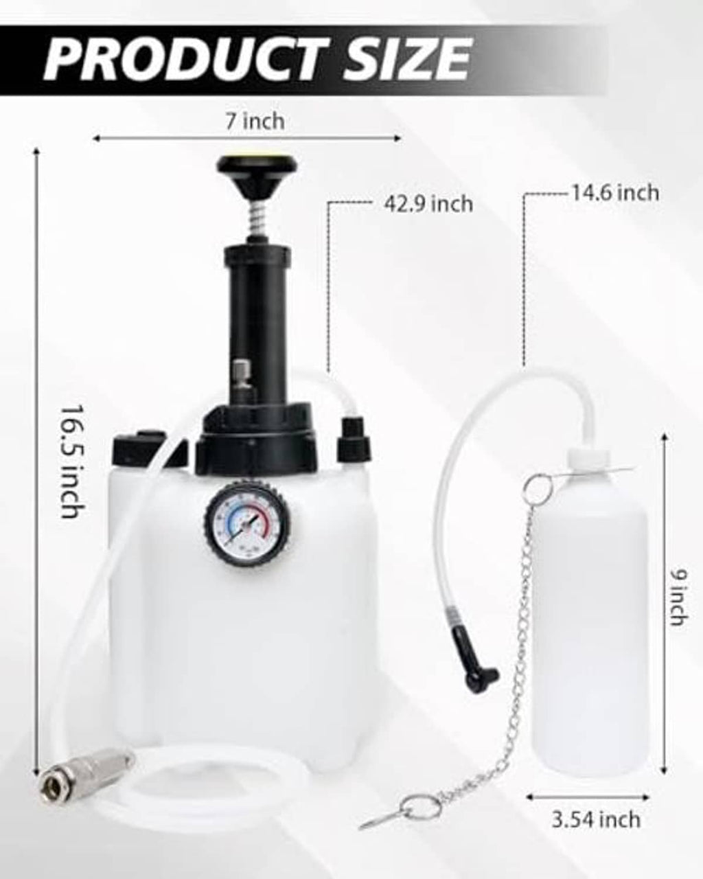 Brake bleeder kit size diagram with pump, catch bottle, and hose dimensions