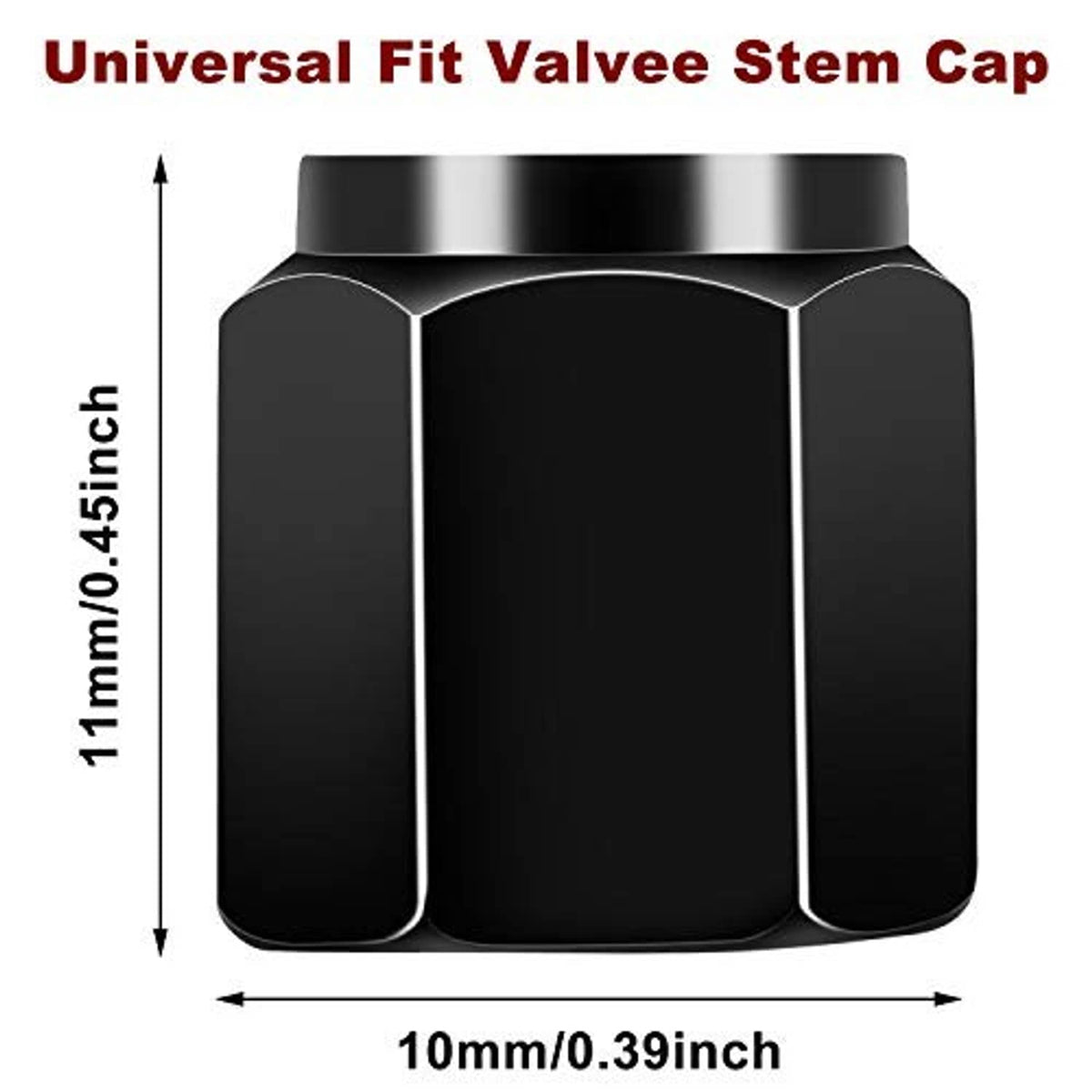 Black aluminum hexagon tire valve cap with measurement lines and top rim