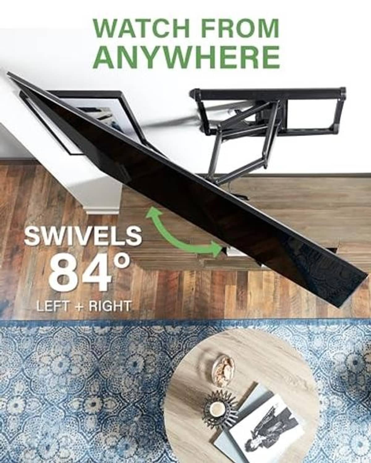 Black full-motion TV wall mount swiveling with TV panel angled on the bracket