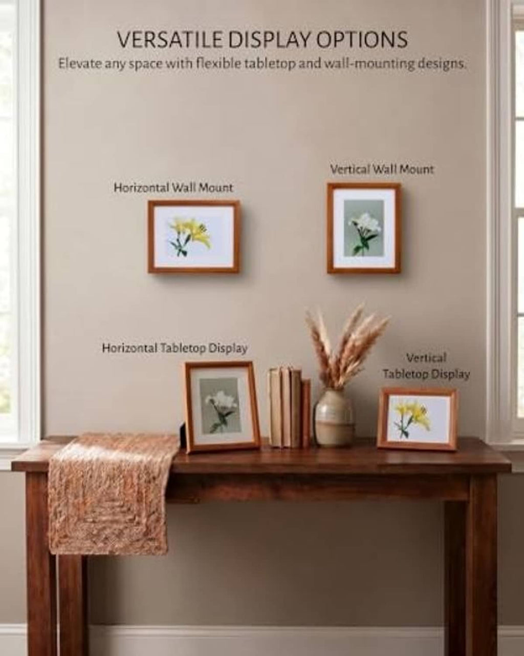 Brown wall-and-table display wooden picture frames set with clear glass