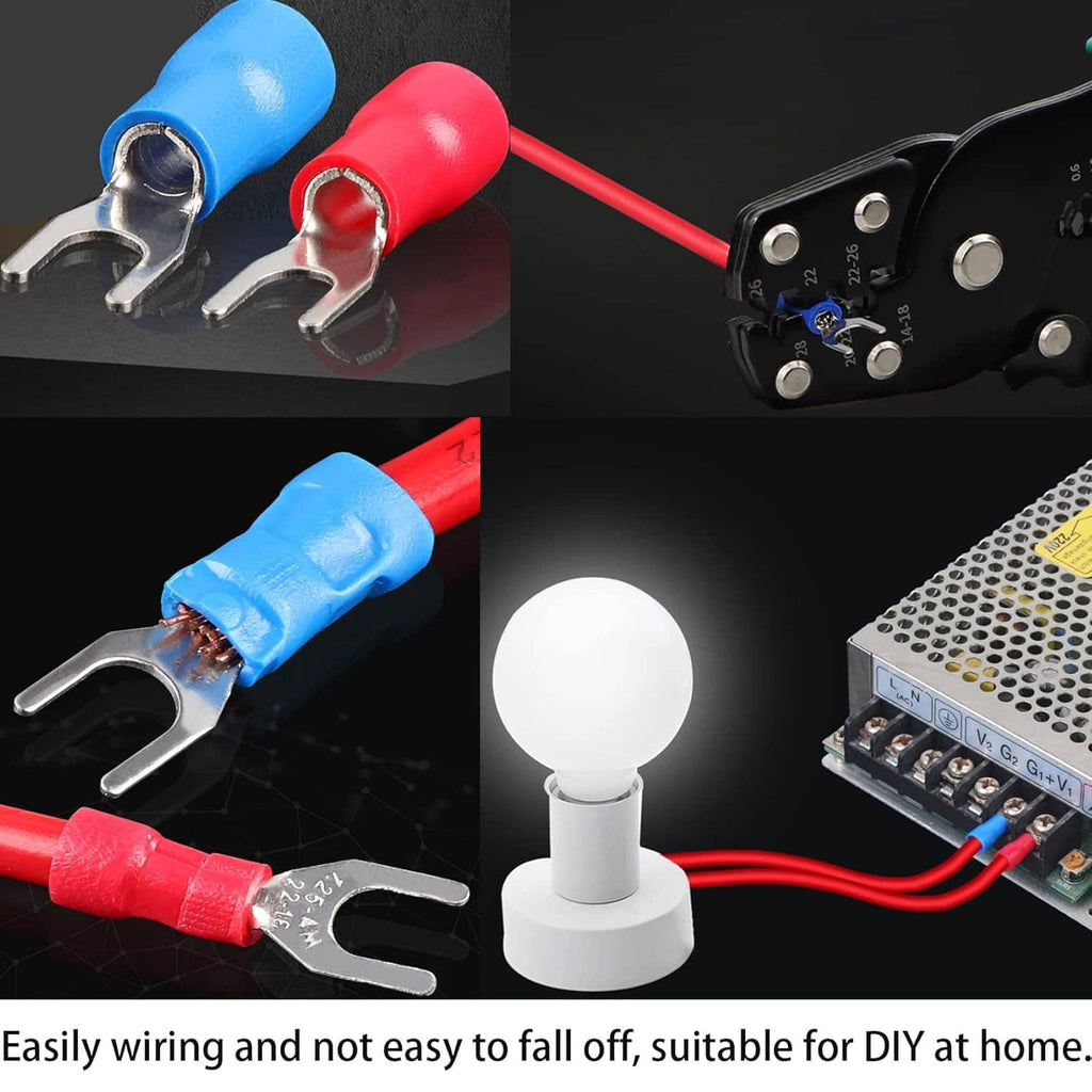 Blue and red insulated spade crimp terminals on red wires