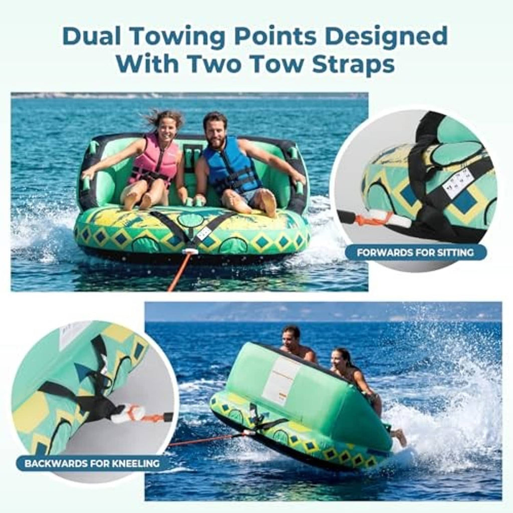 Towable inflatable tube with dual towing points and two tow straps for kneeling or sitting