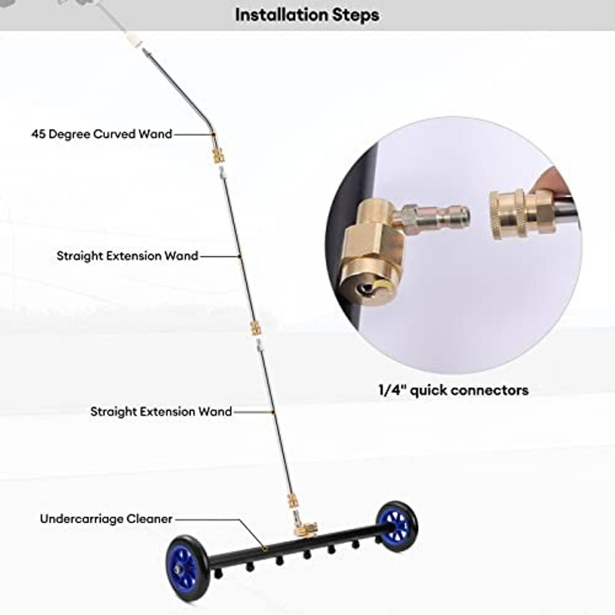 Pressure washer cleaner bar with brass quick connectors and extension wand for undercarriage