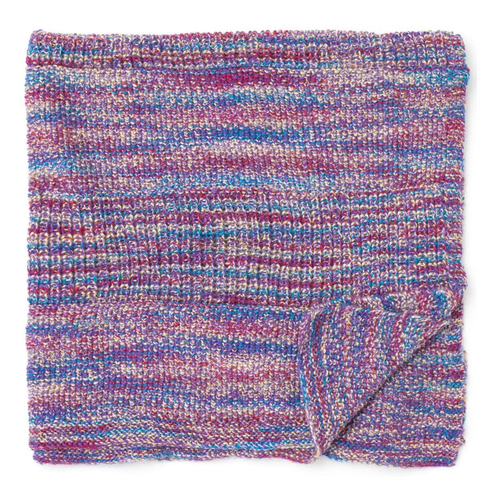 Variegated multicolor knit baby blanket with textured surface and folded corner