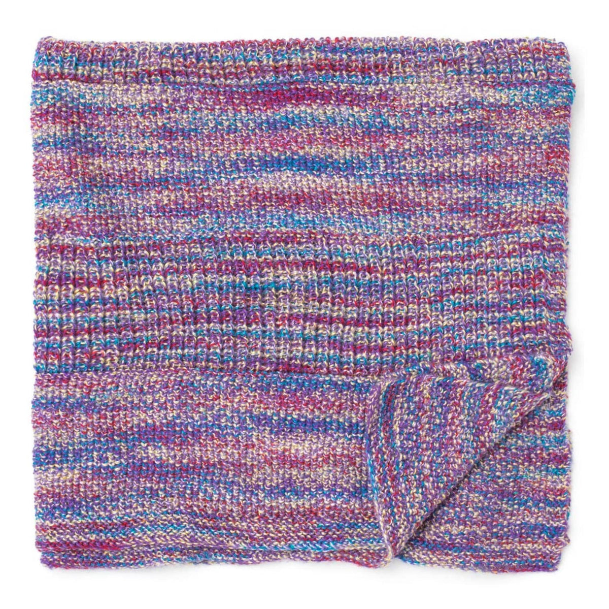 Variegated multicolor knit baby blanket with textured surface and folded corner