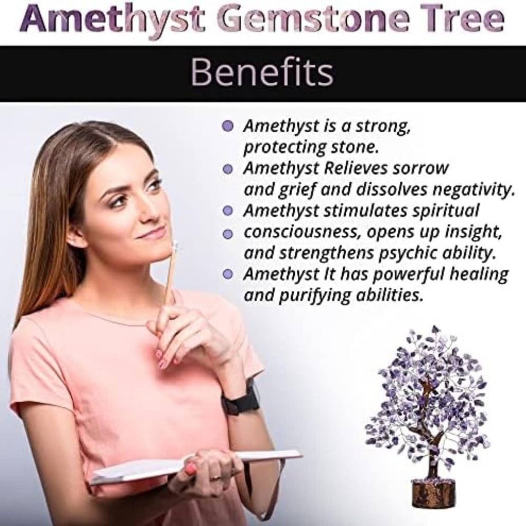 Small amethyst gemstone tree with purple crystal leaves and round wooden base