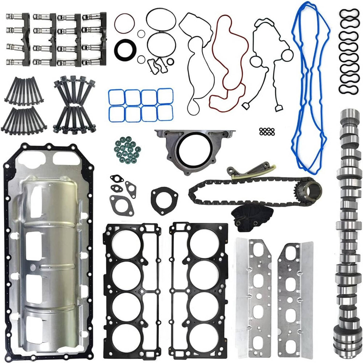 Engine camshaft timing kit components set with camshaft parts, springs, gaskets, bolts