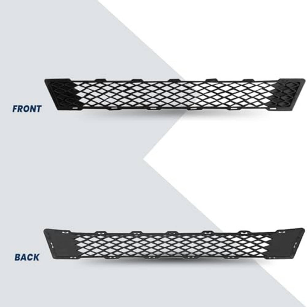 Front and rear bumper lower grille inserts, black lattice mesh, front/back views