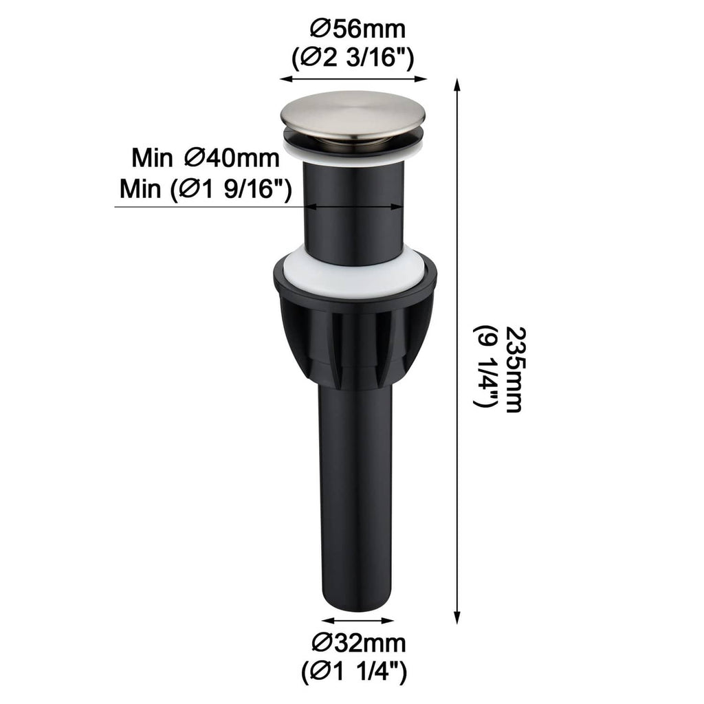 Brushed nickel vessel sink drain with black body, round pop-up top and labeled measurements
