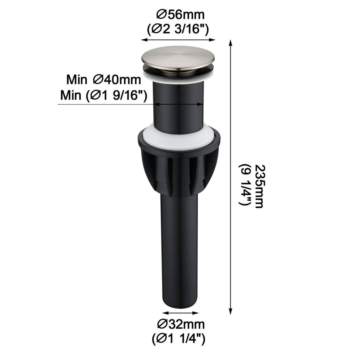 Brushed nickel vessel sink drain with black body, round pop-up top and labeled measurements