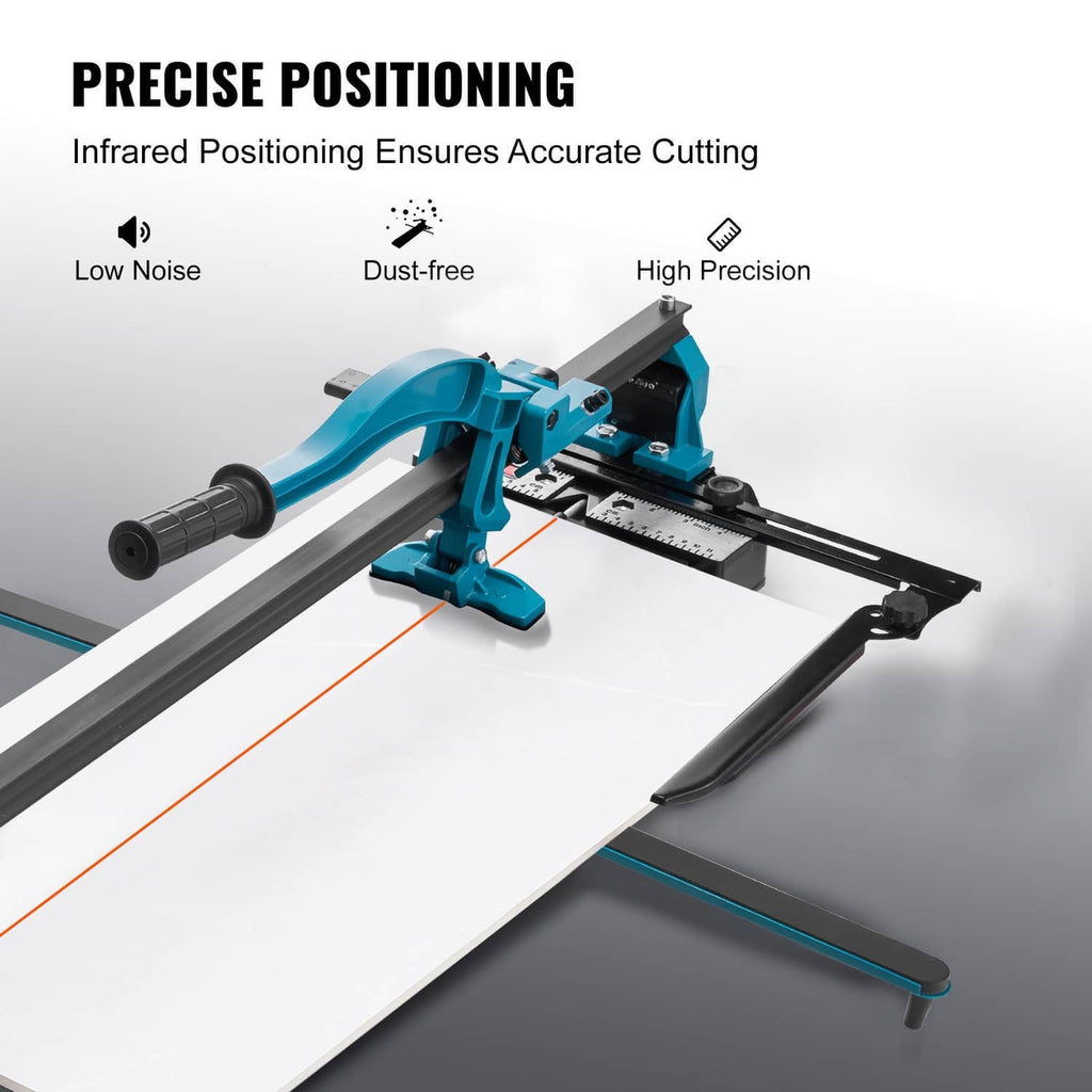 Manual tile cutter with teal carriage over tile, infrared alignment for precise cuts