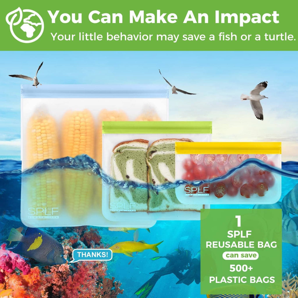Reusable freezer storage bags with colorful seals, shown with corn and sandwich fillings