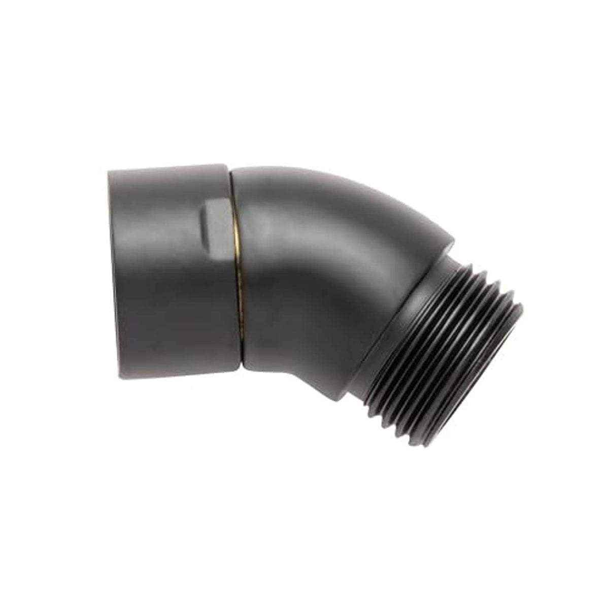 Matte black 135° shower elbow adapter with G1/2 male screw threads, smooth finish