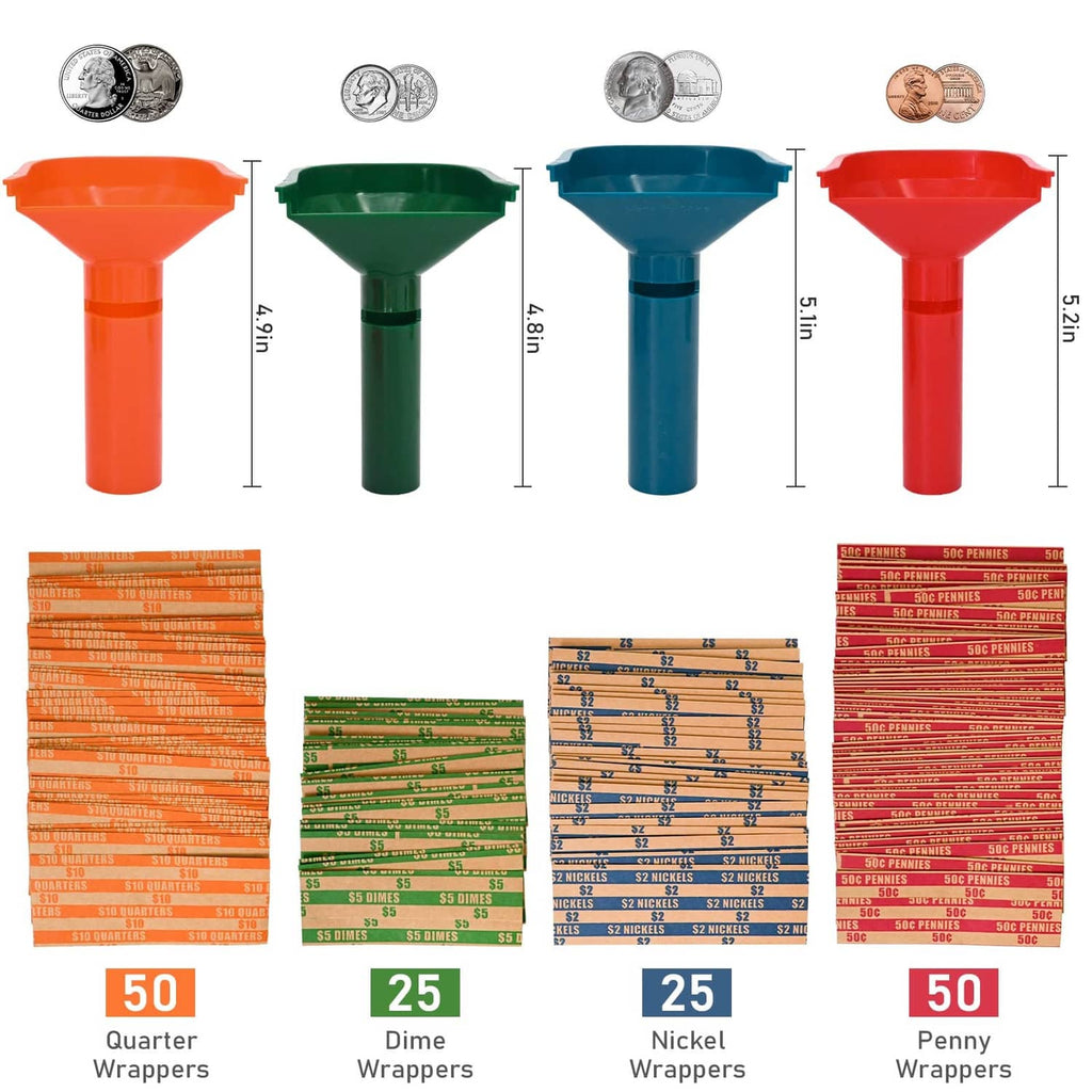 Colored coin tubes and stacked flat striped wrappers with mixed US coins