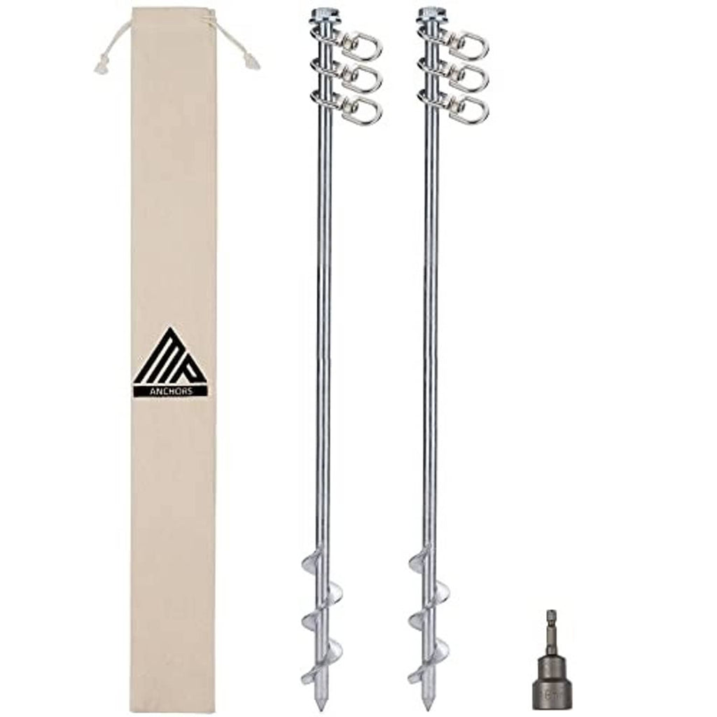 Two steel screw-in ground anchors with three-ring heads and pointed helical spikes