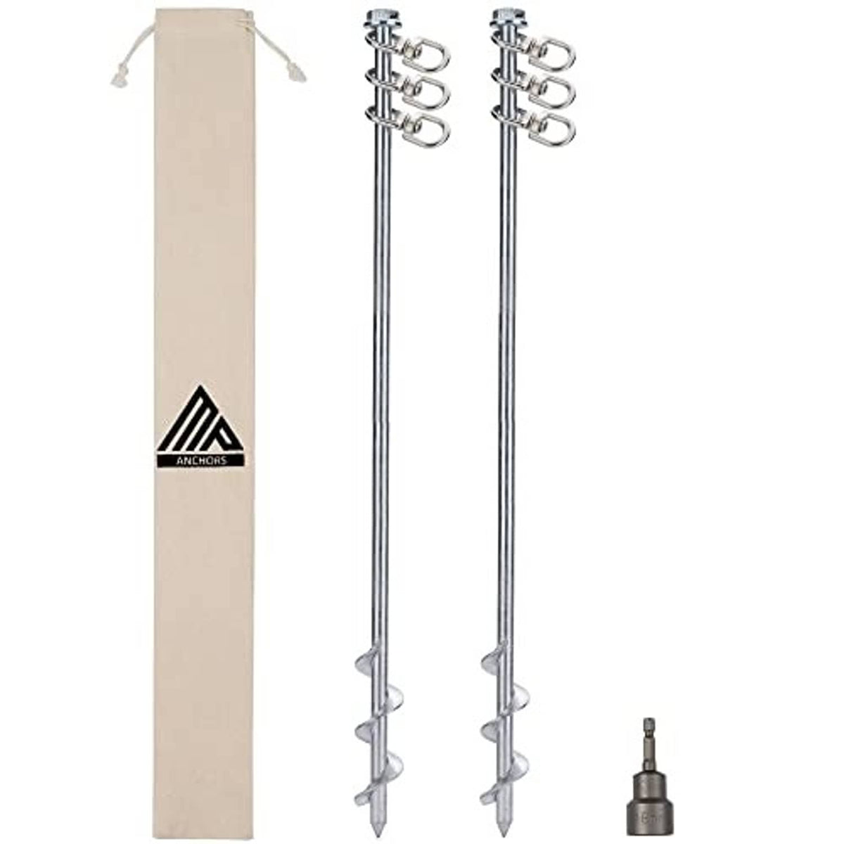 Two steel screw-in ground anchors with three-ring heads and pointed helical spikes