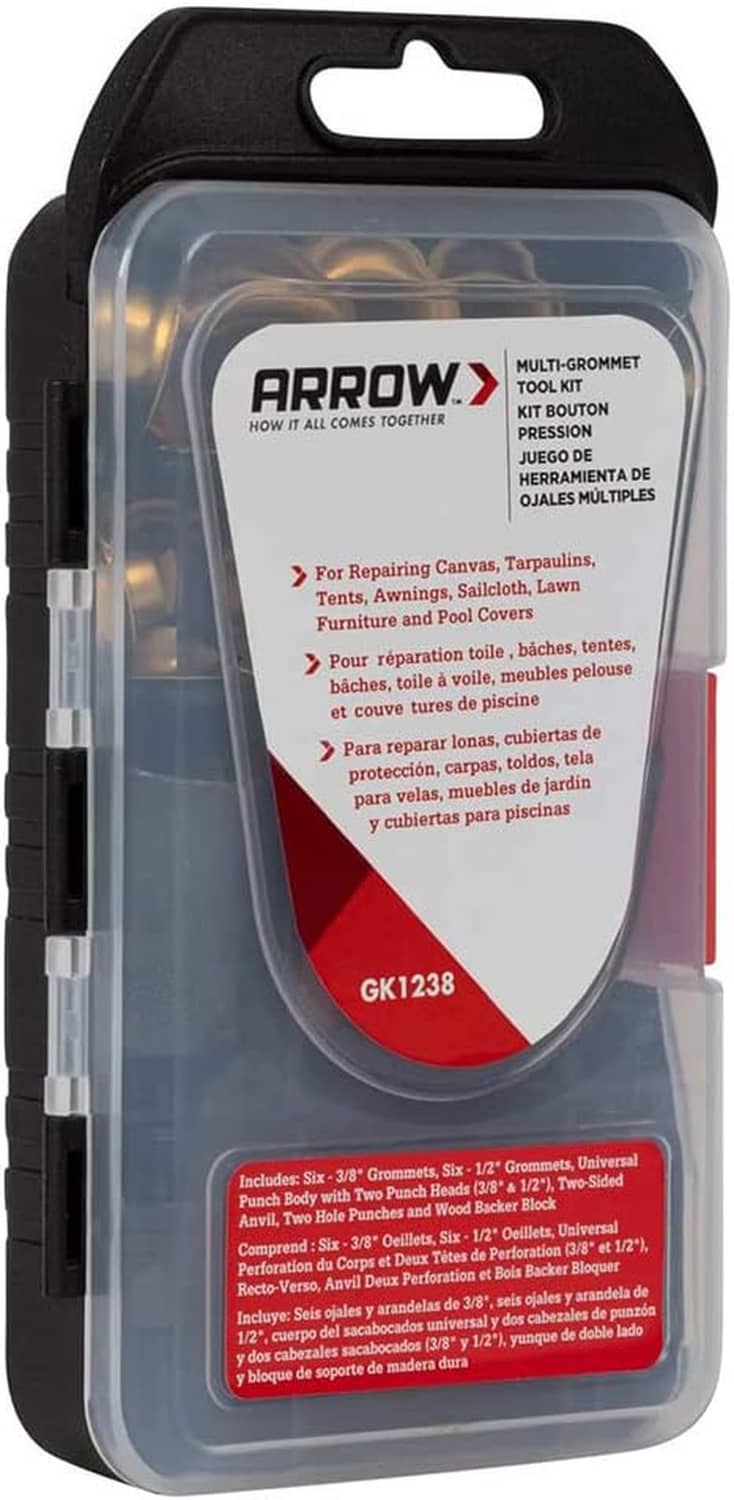 Arrow GK1238 multi-grommet tool kit in clear blister pack, black case