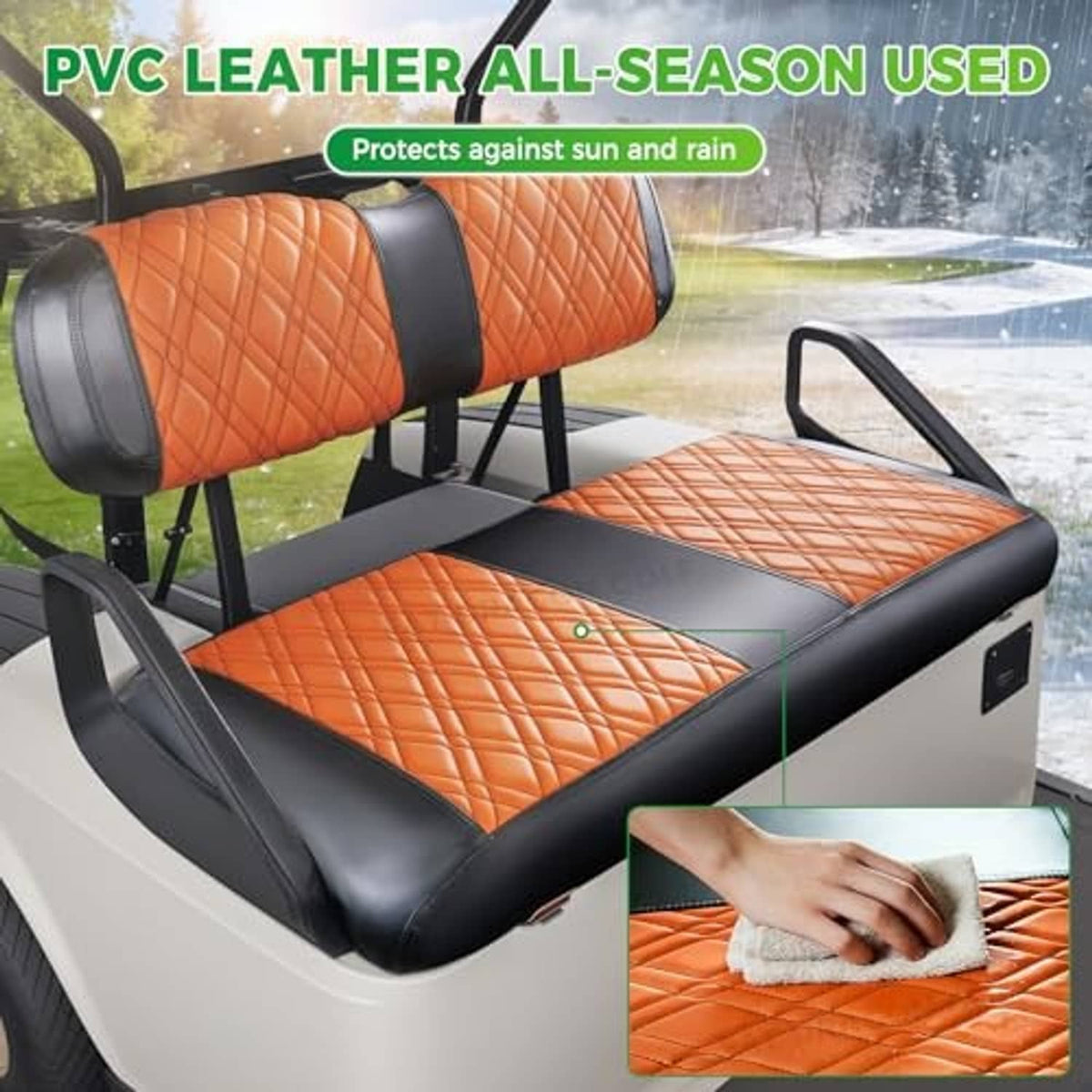 Brown diamond-quilted golf cart front seat covers with black leather-look edges