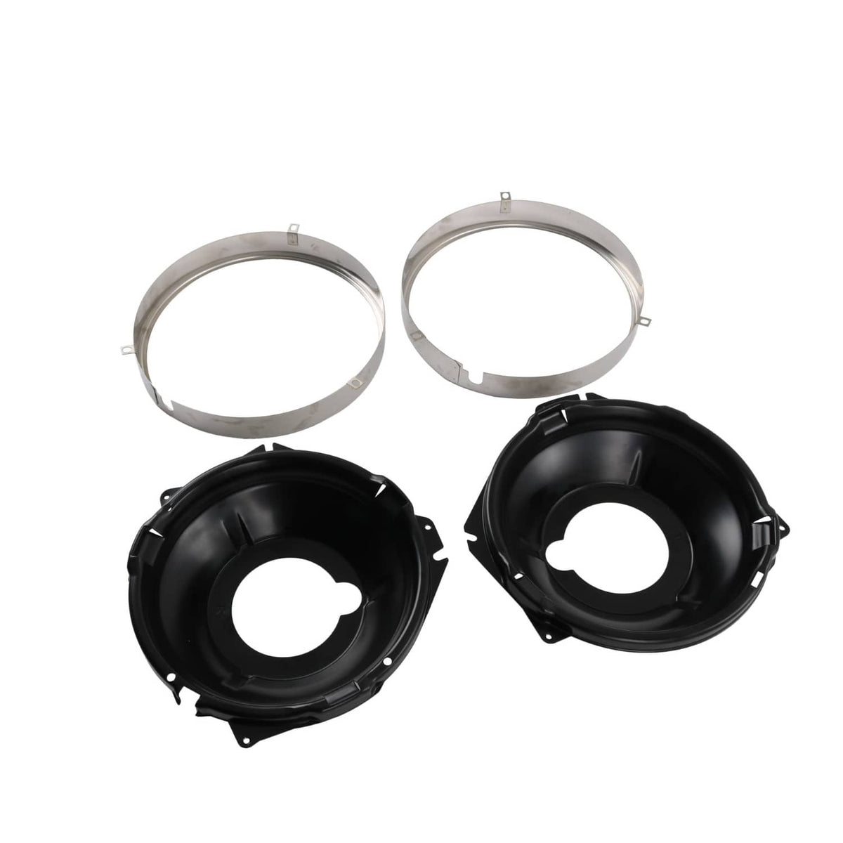 Headlamp retaining rings and black mounting buckets, two-piece set with circular openings