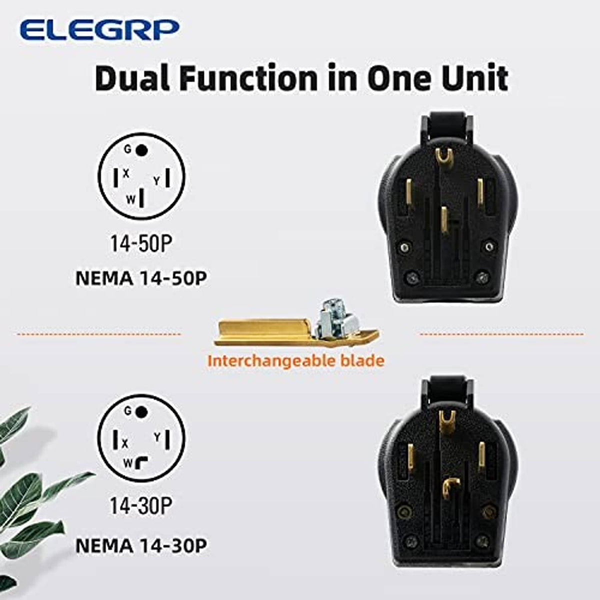 Dual-function 4-prong NEMA plug with interchangeable blades in black housing