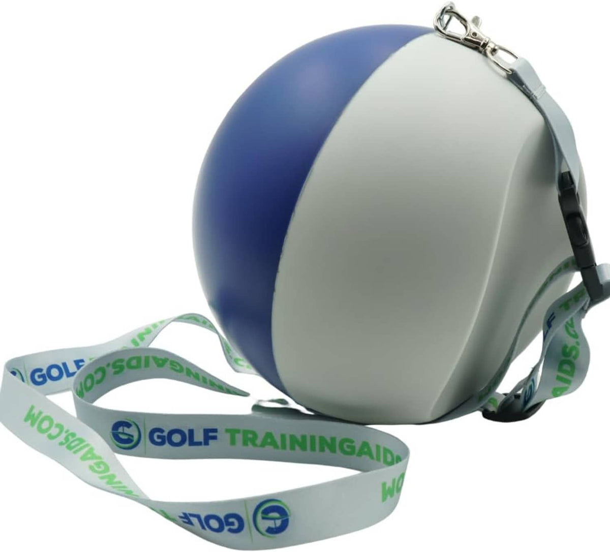 Compression ball golf swing trainer with navy-and-light gray ball and white strap