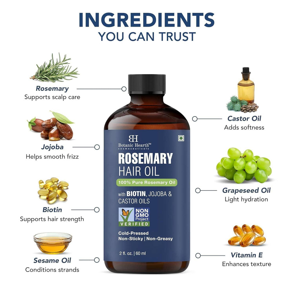 Rosemary hair oil bottle with black cap and ingredient callouts, dropper beside it