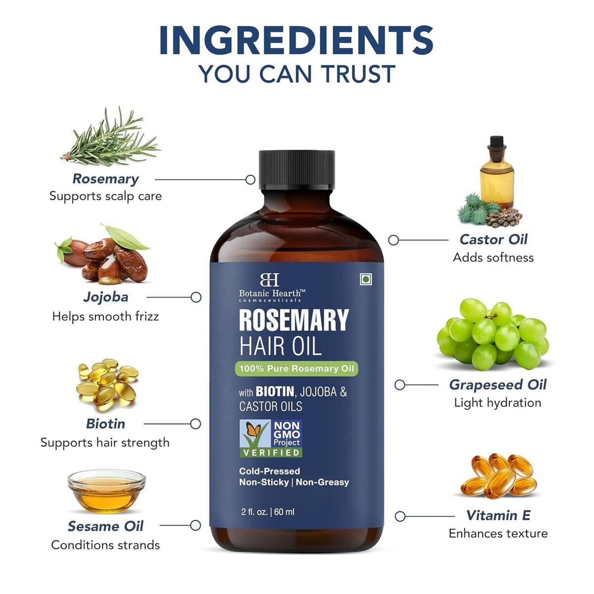Rosemary hair oil bottle with black cap and ingredient callouts, dropper beside it