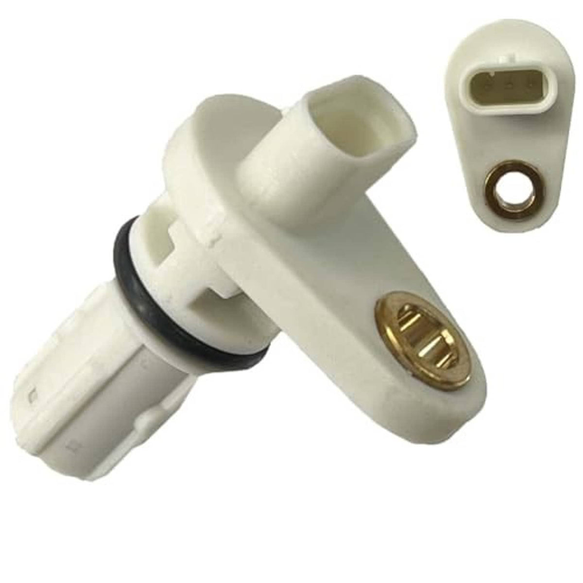 Crankshaft position sensor viewed from side, white plug and gold contact ring