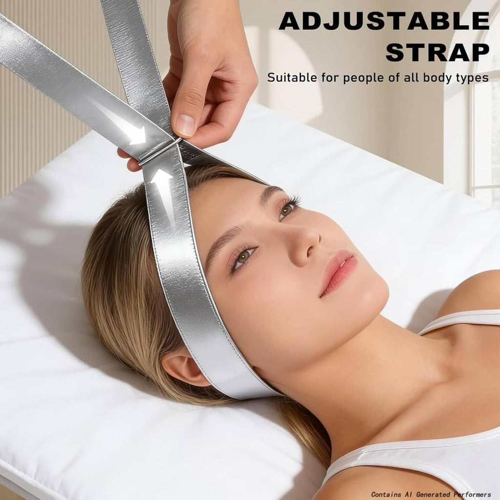 Adjustable neck traction strap with silver strap and black head pad for support