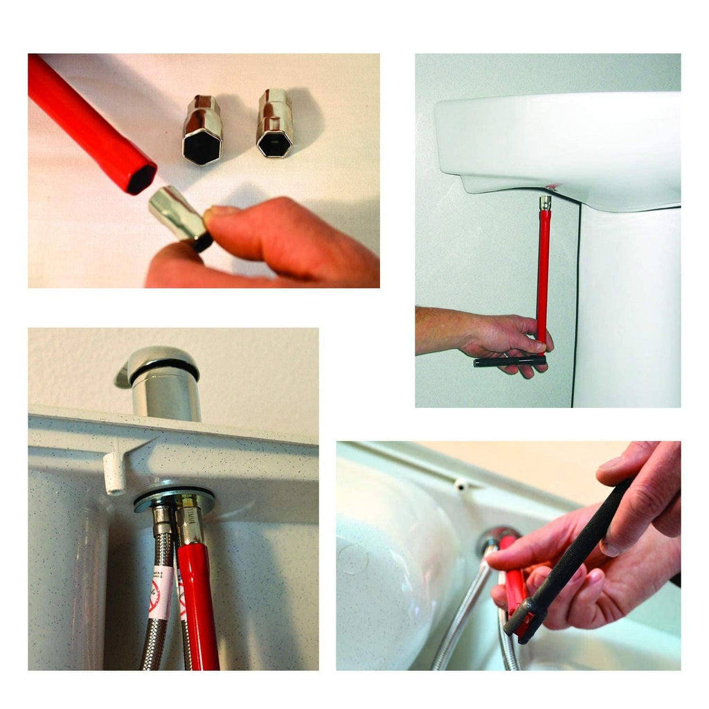 Red socket wrench in use on a tap fitting with hex socket tools
